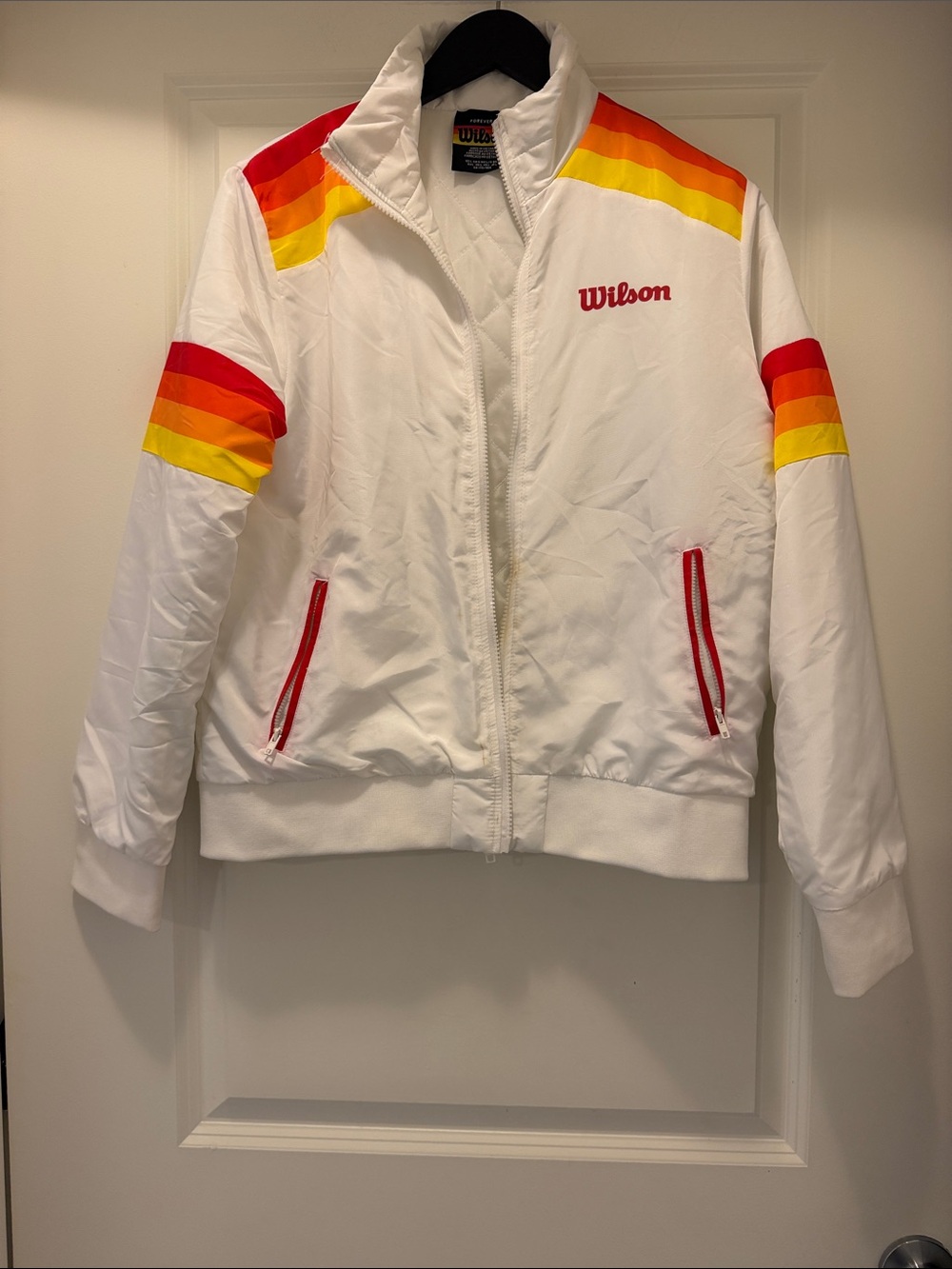 Forever 21 White Varsity Jacket with Red, Orange & Yellow Stripes